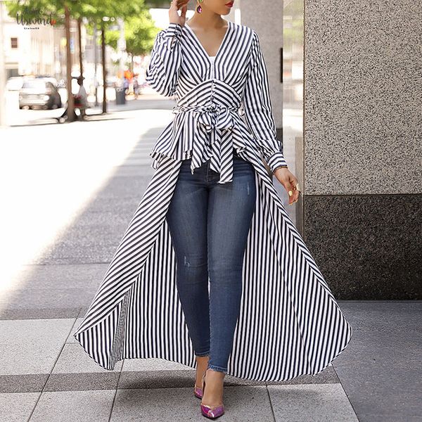 

2019 women spring fashion shirt workwear office formal v-neck casual striped tie waist dip hem irregular blouse, White