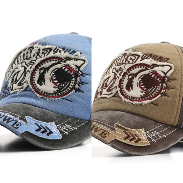 

new embroidered shark cowboy peaked cap washed male personality baseball cap female sun shade sun hat, Blue;gray