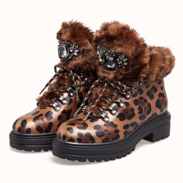 

2020 leopard fur women winter ankle boots patent leather platform rhinestone ladies snow boots female luxury work short boots, Black