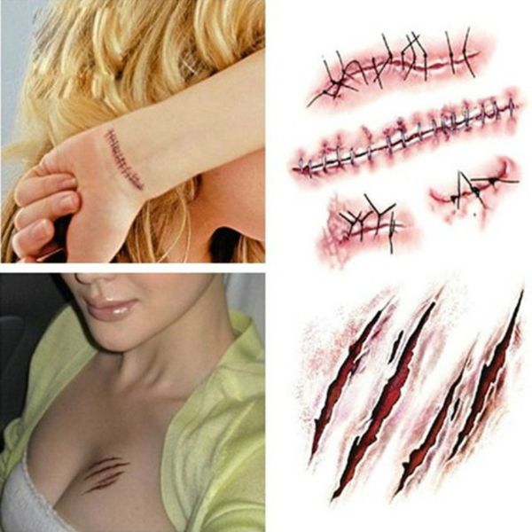 

1 piece halloween zombie scars tattoos with fake scab bloody makeup halloween decoration wound scary blood injury sticker