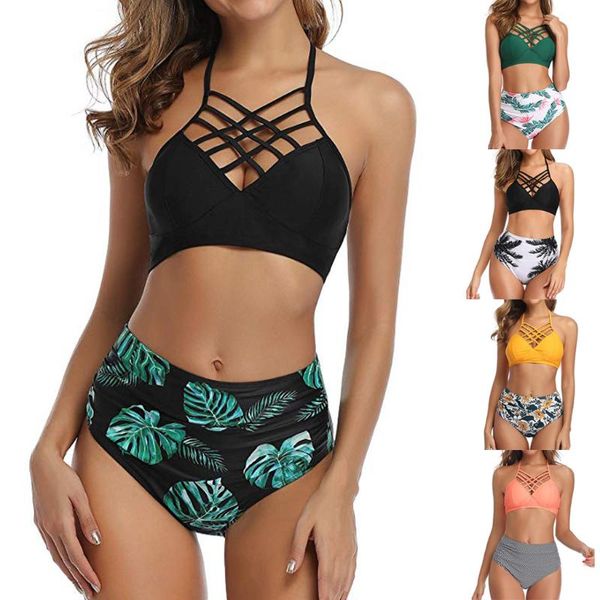 

women two pieces bathing suit stagger with high waisted bottom bikini set plus size maternity swimwear swimming costume, White