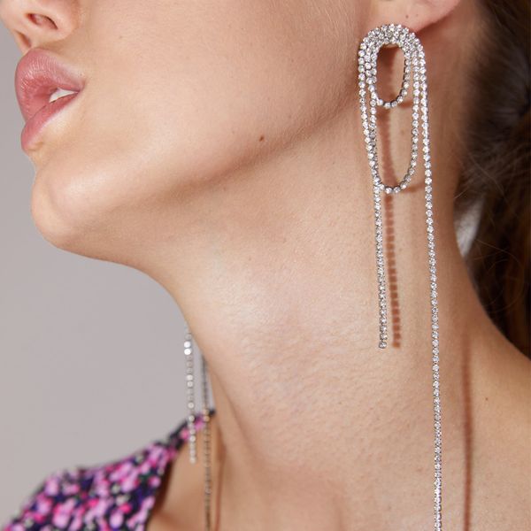 

vodeshanliwen za fashion rhinestone tassel earrings 2019 new designs wedding dangle long earrings for women party accessory, Silver
