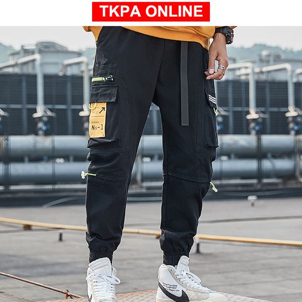 

japanese streetwear cargo pants men 2020 overalls mens hip hop joggers pants ribbons fashiosn sweatpants baggy trousers, Black