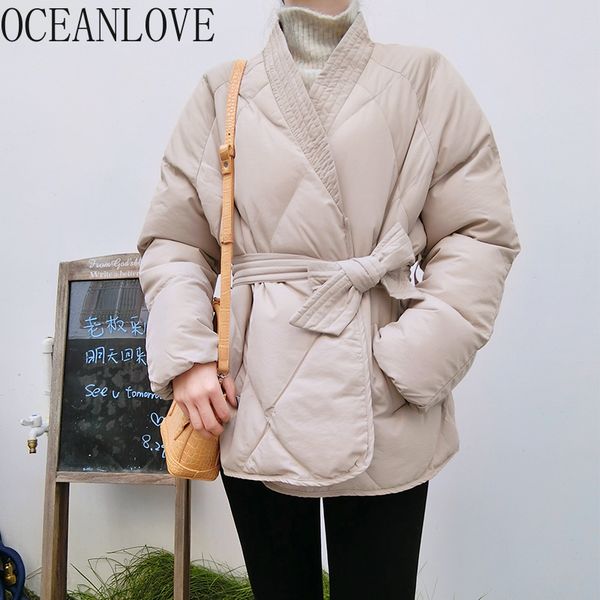 

oceanlove 2019 winter coat women solid lace up fashion bow v neck parkas vintage pockets new jacket female korean 13151, Black