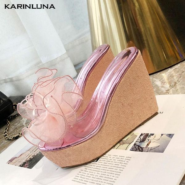 

karin 2020 new arrivals sweet butterfly platform summer shoes woman slippers open toe wedge high heels slippers women, Black