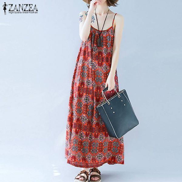 

2019 ZANZEA Vintage Floral Printed Women Dress Summer Boho Beach Maxi Dress Female Spaghetti Strap Sundress Plus Size Vestidos