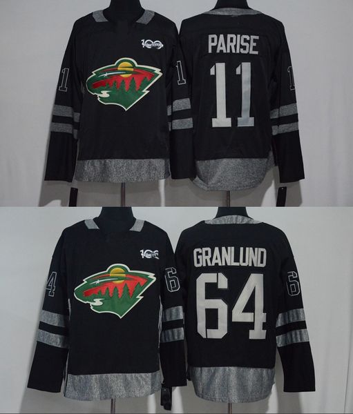 

granlund 100th #11 zach parise 64 mikael granlund minnesota wild jersey black 1917-2017 all stiched hockey jerseys in stock, Black;red