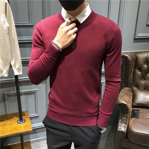 

2018 autumn winter men's o-neck sweater fashion slim fit solid color knitted long-sleeved pullovers men's sweater -xxxl, White;black