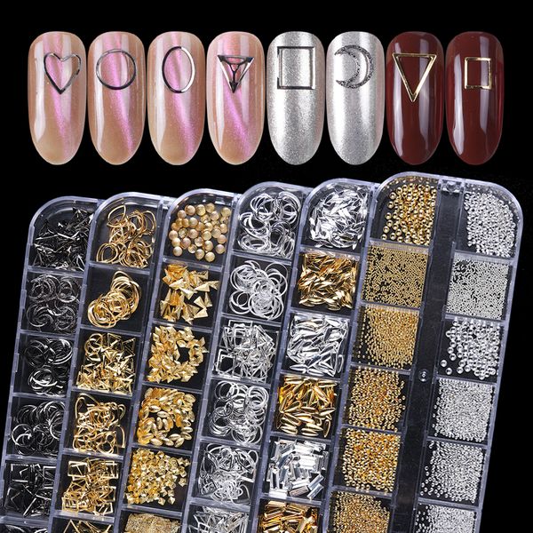 

12 grids metal rivet nail art decoration studs mix style stars moon gold silver strass jewelry diy 3d charms accessories, Silver;gold