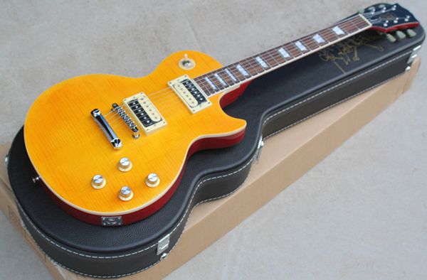 

yellow electric guitar with mahogany body, rosewood fretboard and red back,maple venner and chrome hardwares,fixed bridge