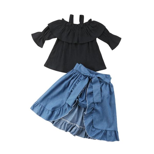 

2018 newly fashion toddler baby girls clothes sets 3pcs off shoulder ruffles black t-shirts +shorts+hemlines dress 1-6y, White