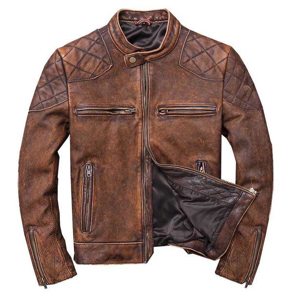 

zvaqs 2020 vintage brown men short biker's leather jacket plus size xxxl genuine cowhide spring slim fit motorcycle coat pph874, Black