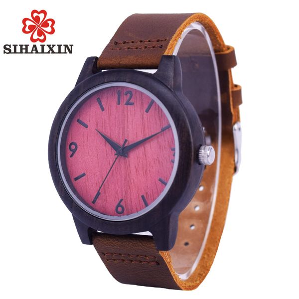 

sihaixin mens wood watch leather natural bamboo wooden male clock relogio masculino luxury quartz drop shipping, Slivery;brown