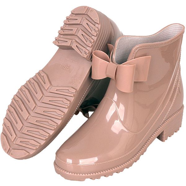

knee-high butterfly-knot rubber women waterproof rainboots round toe solid pvc non-slip rain boots flat shoes, Black