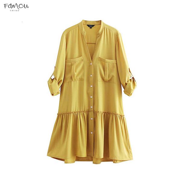 

Women Green V Neck Yellow Mini Dress Pockets Pleated Long Sleeve Straight Dresses Female Casual V-Neck Solid Loose Vestido Qb198