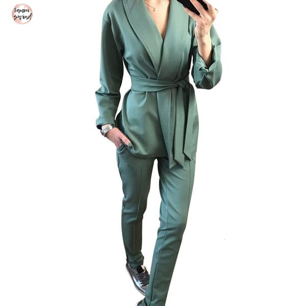 

стильный офис леди наборов pant и костюмы воротник belted blazer куртка solid pant two piece set ol streetwear, White