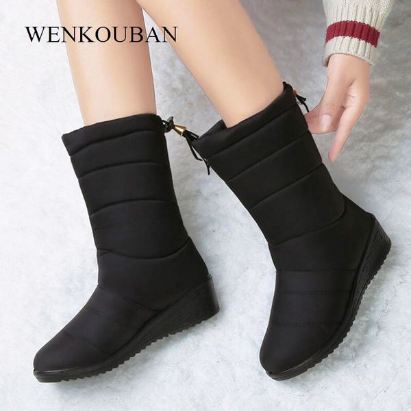

waterproof winter boots female shoes mid-calf down boots women warm ladies snow bootie wedge rubber plush insole botas mujer, Black