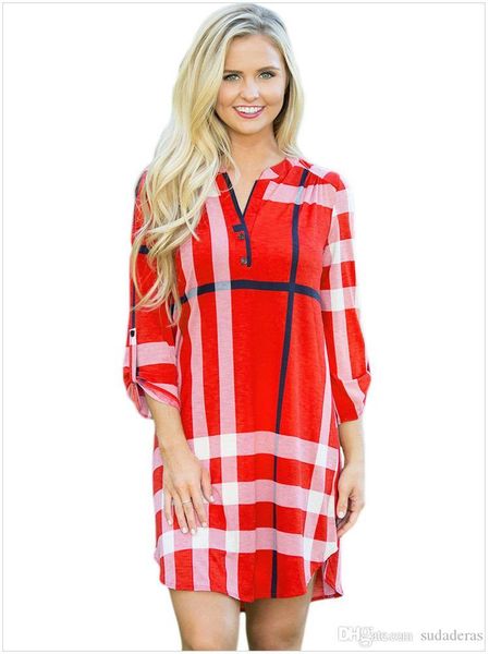 

женщины клетчатой ​​рубашки платье лето весна вскользь v-образный вырез мода платье одежда, Black;gray