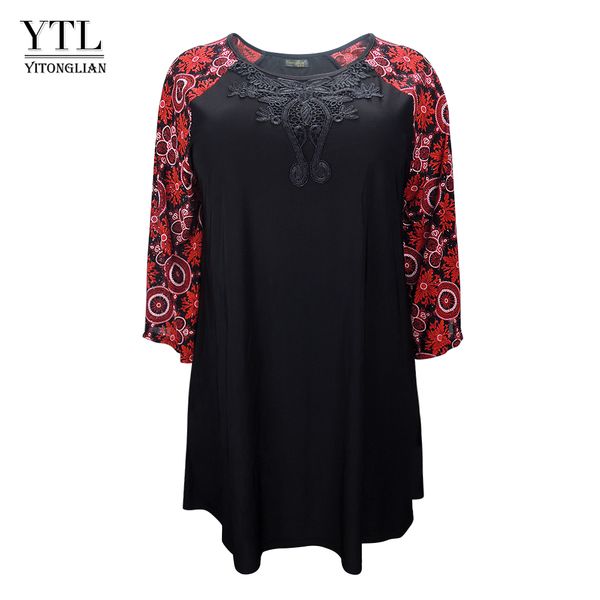 

ytl plus size dresses for women 4xl 5xl 6xl 7xl 8xl black crochet floral long sleeve tunic dress loose big size shift dress h157, Black;gray