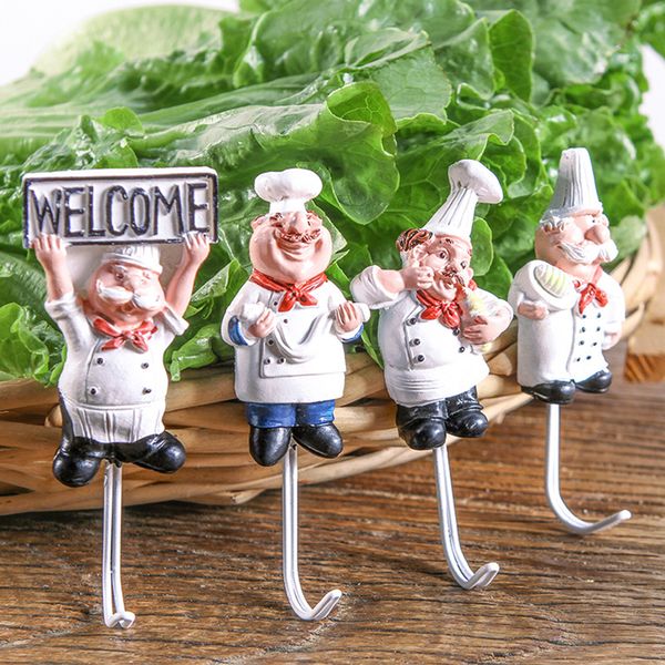 

4pcs cartoon chef stainless steel sticky hook clothes coat hat hanger kitchen bathroom rustproof towel hooks