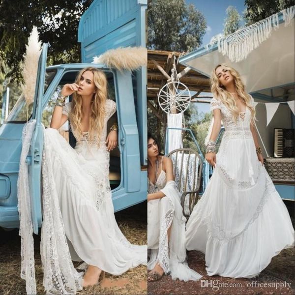 

elegant white bohemian beach wedding dresses deep v neck lace appliqued short sleeves bridal gowns boho wedding gown vestido de noiva