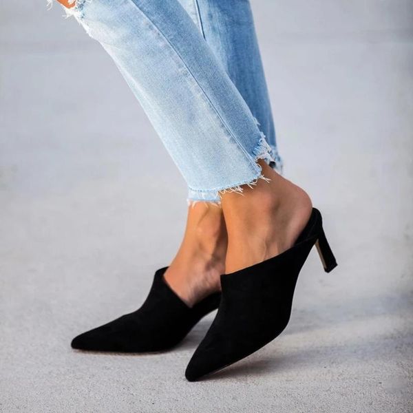 

2020 new women sandals summer fashion solid mid thin heel pointed toe casual wedding plus size ladies sandals, Black