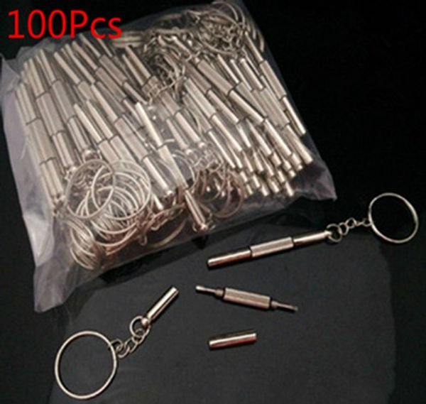 

100pcs eyeglass screwdriver hand tools 3 in1 eyeglass screwdriver sunglass watch repair kit with keychain, Silver