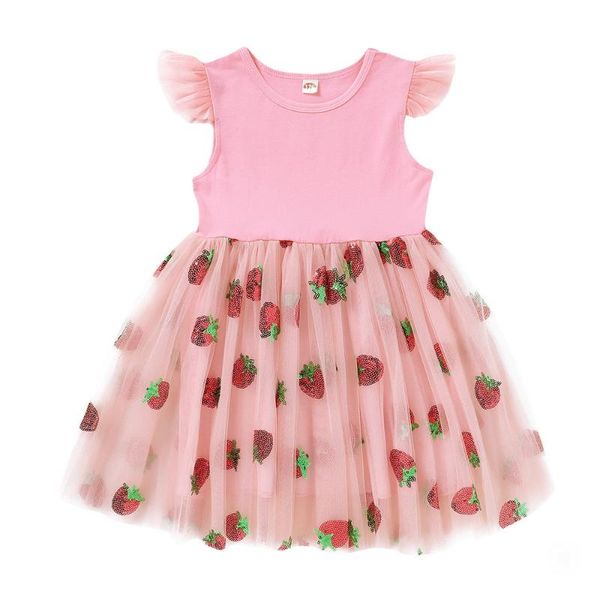 

cute strawberry printed toddler girls dress women summer sleeveless tutu party kids dress mesh patchwork children girls 30, Red;yellow