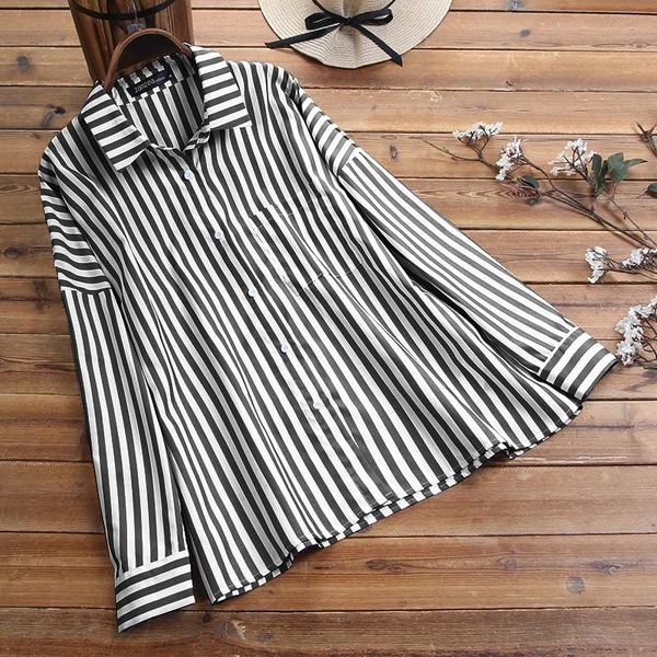 

s 5xl zanzea spring long sleeve blouse casual lapel striped tunic women work office button down shirts female blusas robe, White