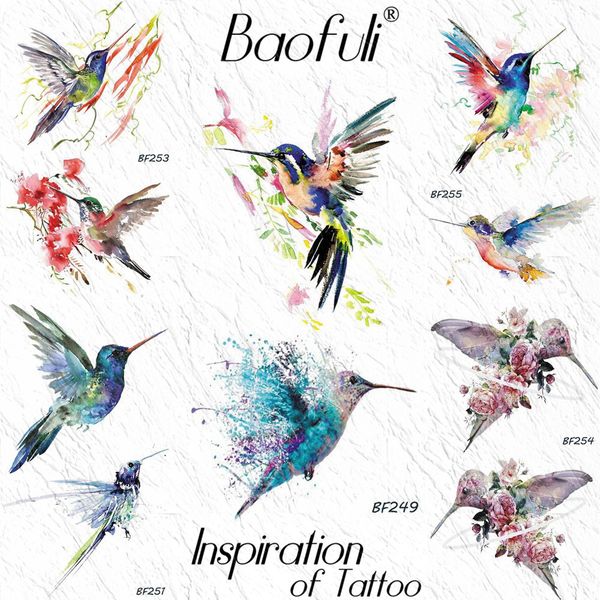 Acheter Baofuli Aquarelle Colibri Branche Temporaire Tatouage Autocollant Femmes Body Art Tatouages étanche Bras Bras Cou Flash Faux Papier De