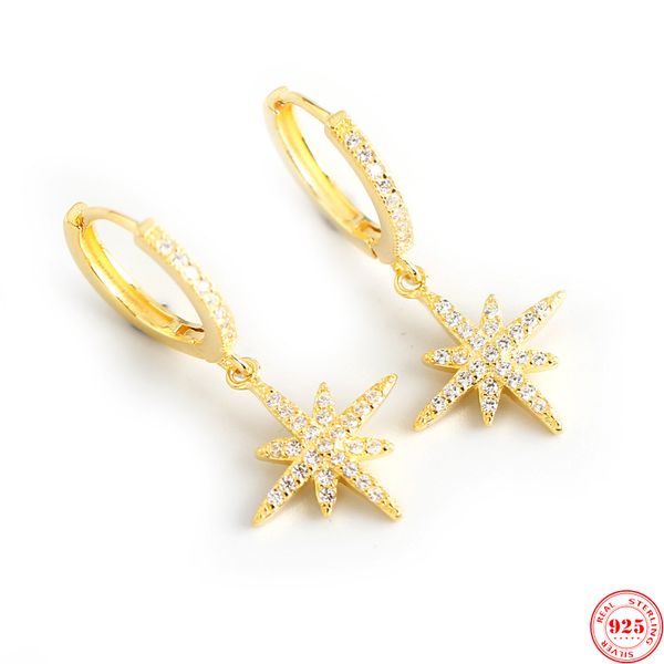 

100% 925 sterling silver earrings star pendant golden silver inlaid crystal zircon fashion personality woman earrings jewelry