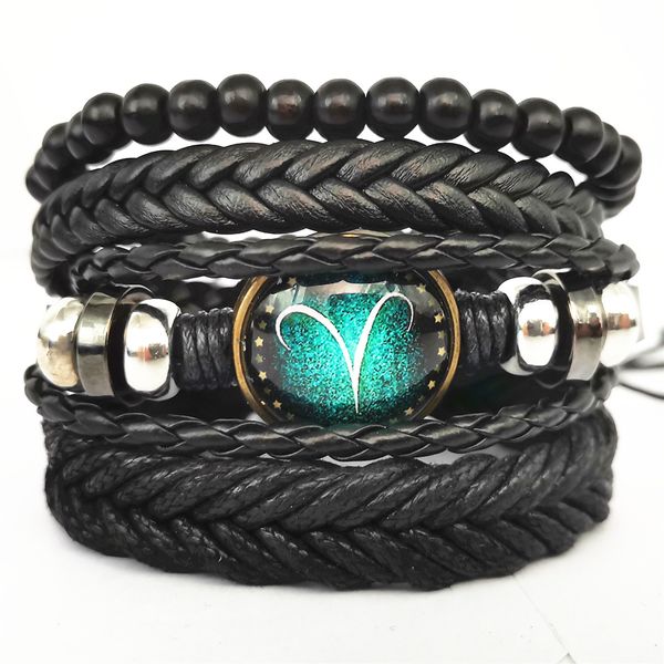 

black braided aries taurus cancer 12 constellations cuff bangle male men bracelets fashion jewelry women leather bracelets, White