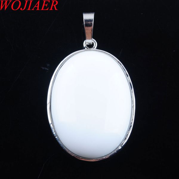 

wojiaer natural white jades gem stone bead oval silver plated healing reiki chakra pendant necklace jewelry 1pcs dn3691