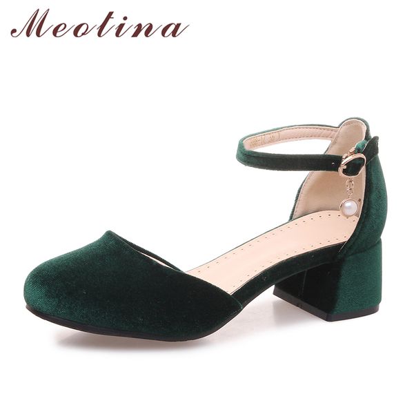 

meotina women pumps med high heels velvet shoes block heel ankle strap pearl party shoes green spring new big size 11 33-46, Black