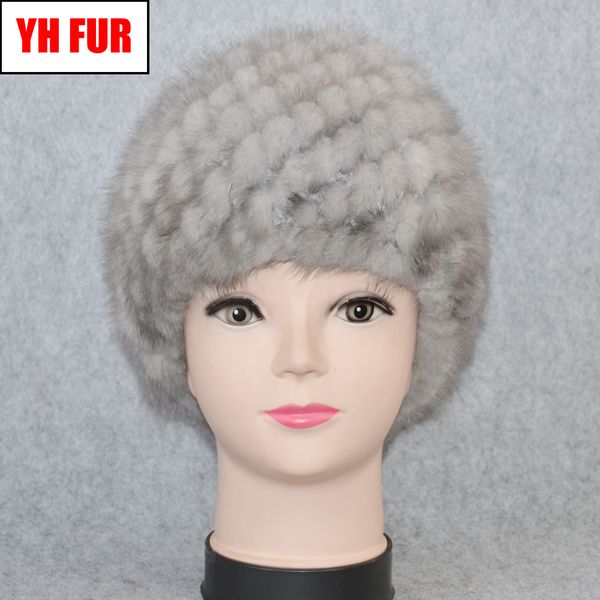 

2019 new winter women real beanies hat handmade knitted real natural caps good elastic quality cap, Blue;gray