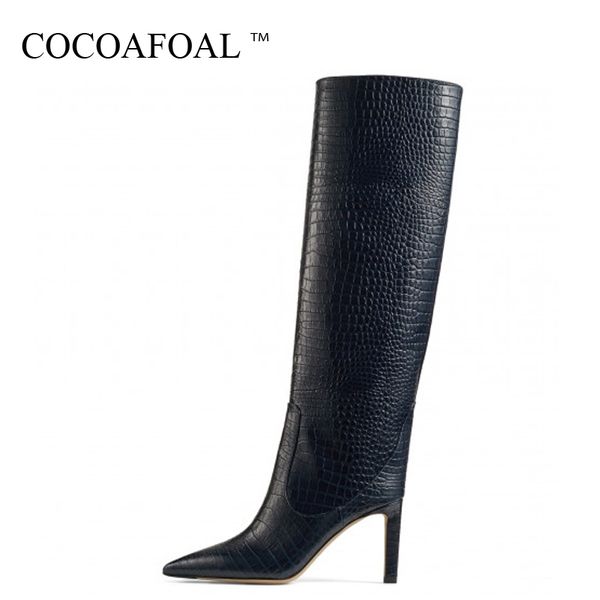 

cocoafoal herfst зимняя змеиная кожа pattern женщины колени высокие лаары прямой цилиндр женская обувь sexy punch shoes straight, Black