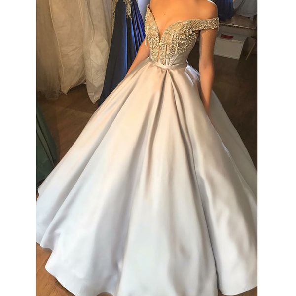 

gorgeous ball gown prom dress off the shoulder beadings satin evening party gown vestidos de fiesta largos elegantes de gala, White;black