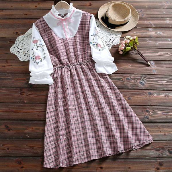 

merry pretty sweet floral embroidery sweet cotton dress japan mori girl women long sleeve plaid dresses green pink s-xxl, Black;gray