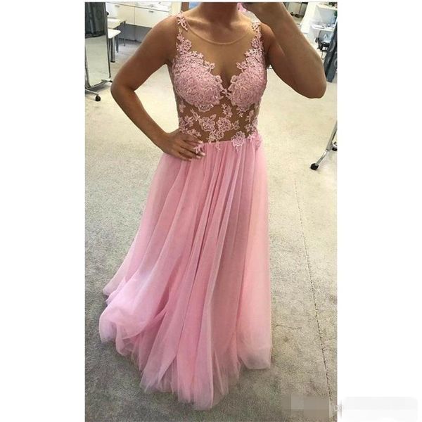 Seksi Pembe Illusion Korse Gelinlik Sheer Boyun Dantel Aplike Tül Kat Uzunluk Uzun Akşam Örgün Giyim Pageant Balo Custom Made