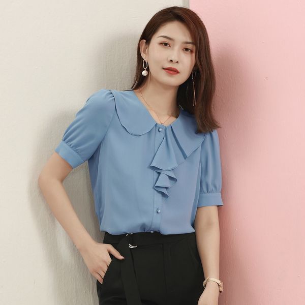

in the summer of 2020 the new boutique dress doll falbala collar short sleeve shirt niche design feeling chiffon blouse, White