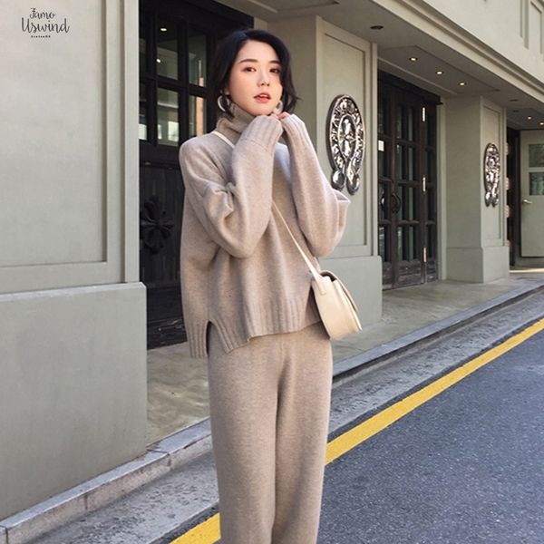 

spring autumn tracksuit turtleneck sweatshirts women suit knitted clothing 2 piece set knit pant female suit d226, White