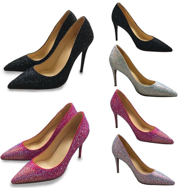 

fashion designer sandals women high heels shoes red bottom real leather crystal pointed toes pumps wedding shoes party dress shoes sz 35-40, Black