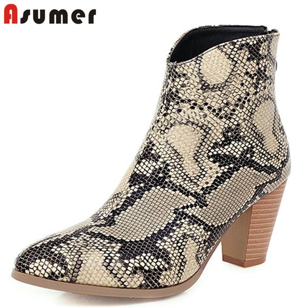 

asumer 2020 new arrival autumn winter ankle boots women snake pu round toe high heels shoes ladies western boots big size 47, Black