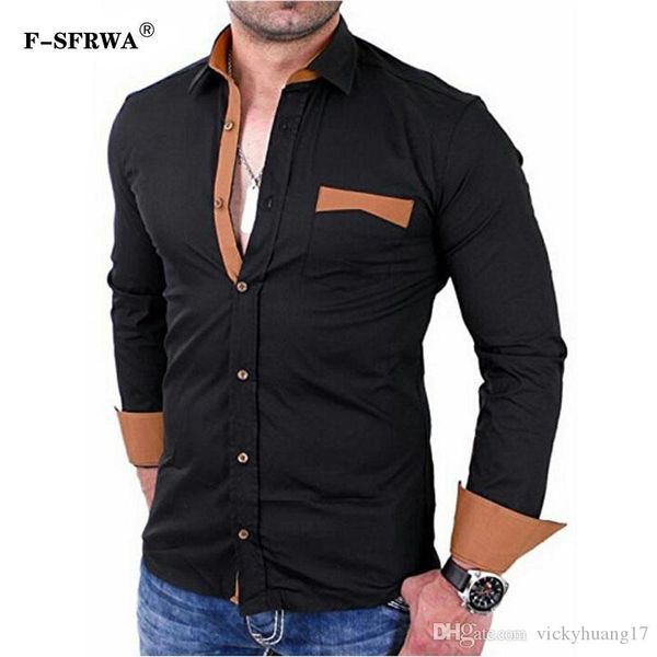 

f-sfrwa 2019 fashion male shirt long -sleeves solid color large pocket shirt mens black dress shirts slim men xxxl, White;black