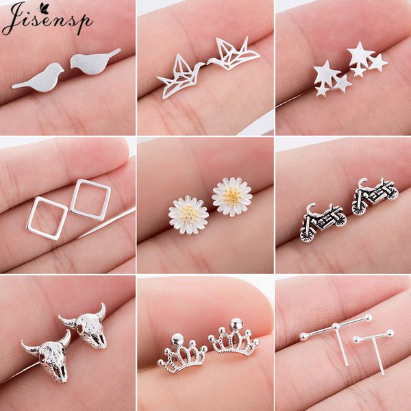 

jisensp real 925 sterling silver stud earrings for women wedding jewelry korean pure silver animal earings pendientes bijoux, Golden;silver