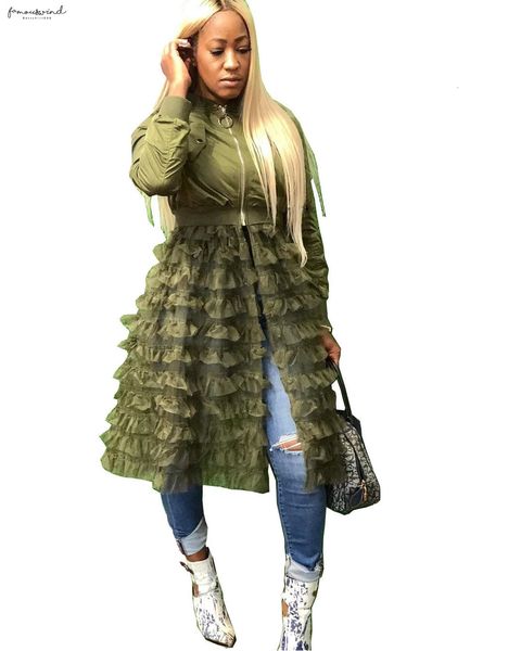 

women winter long sleeve cascading ruffles lace zipper open big swing long street trench high coat 5072 s-3xl, Tan;black