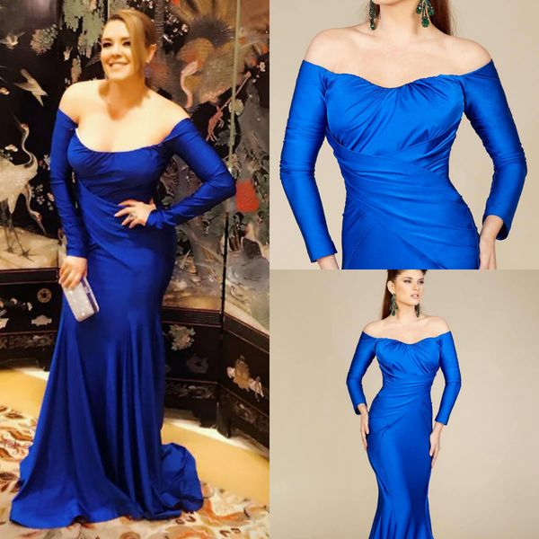 

royal blue evening dresses off the shoulder sweep train satin long sleeve prom dress custom made plus size formal party gowns, Black;red