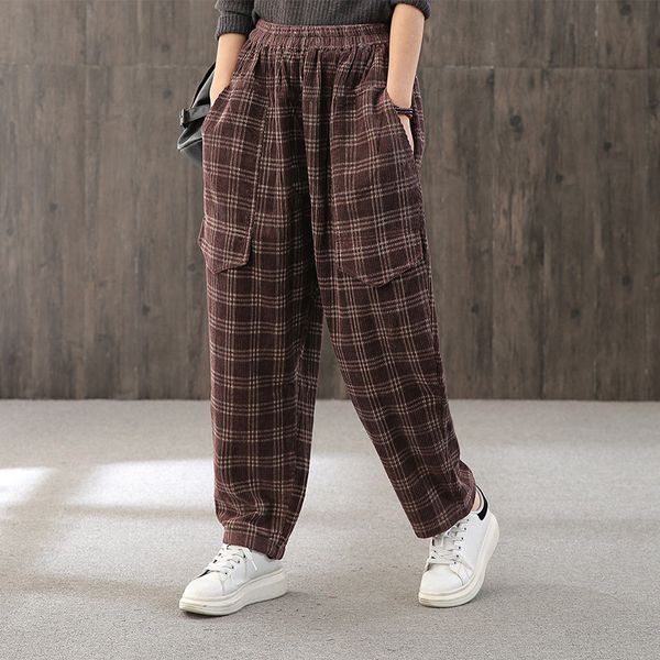 

new women's literature retro art loose corduroy plaid casual pants 2020 spring autumn elastic waist straight stripe pants female, Black;white