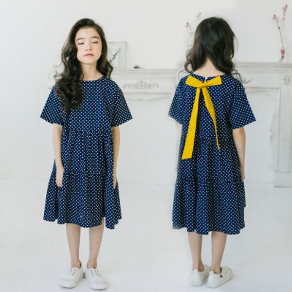 

детская одежда 2020 новых девочек polka dot платье большой детский хлопка с коротким рукавом шить платье семья matching одежда, Blue
