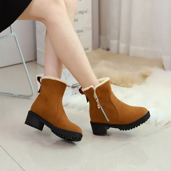 

2020 autumn and winter cotton boots suede snow boots semi-high heeled chunky heel side zip plus velvet warm short b, Black